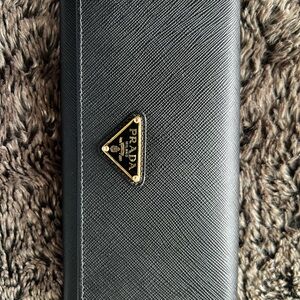 Prada Black Saffiano Leather Long Wallet with Gold Triangle Emblem